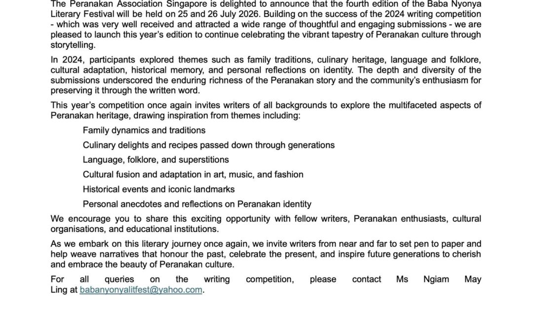 Baba Nyonya Literary Festival 2026 Preserving Heritage Through Literature Writing Competition
